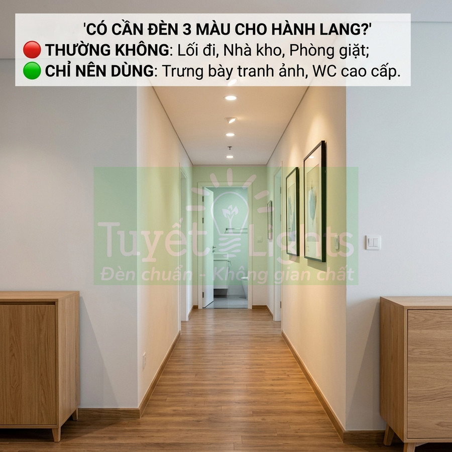 Đèn âm trần chiếu sáng hành lang căn hộ với sàn gỗ và nội thất tối giản thương hiệu Tuyết Lights